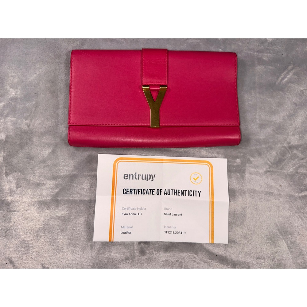 Saint Laurent Clutch Pink Leather Gold Y Hardware‎ With COA